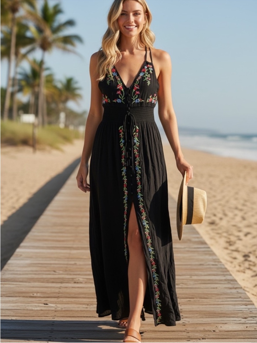 Forever 21 Black Maxi Dress with Colorful Floral Embroidery